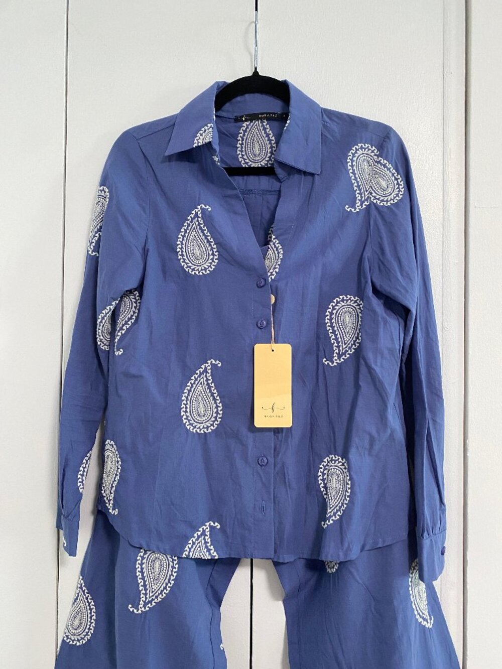 MARIA FILO - Blue Paisley Embroidered Shirt + Wide-Leg Pants Set